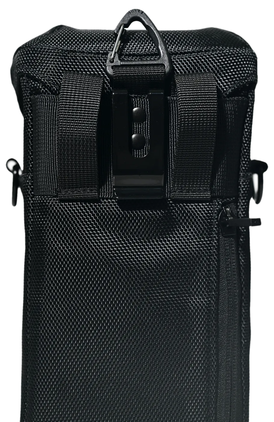 Belt clip, belt loops and D-rings on the back panel